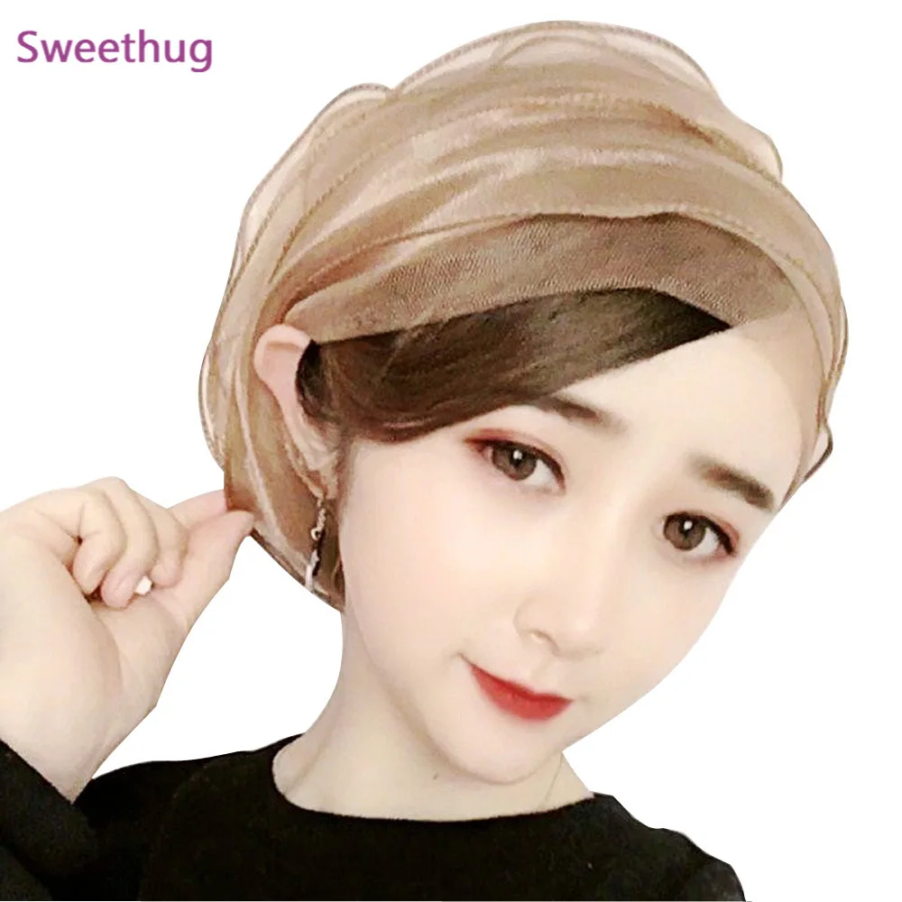 

Women Muslim Pleated Mesh Hijab Turban Cap Multi Layer Sheer Tulle Solid Color Stretch Beanie Headwrap Bonnet Chemo Hat