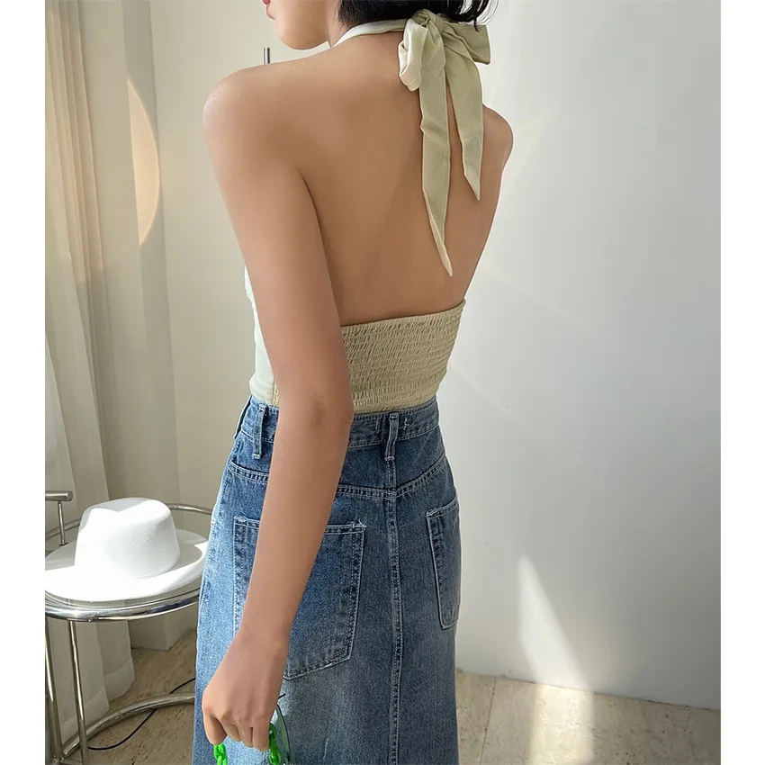 Europe And The United States Beach Style Sexy Temperament Fashionable V-Band Hanging Neck Strap Show Thin Short Top