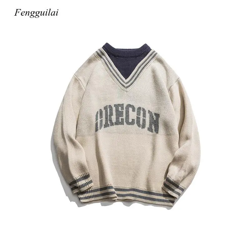 

Korean Trend V-Neck Fake Two-Piece Loose Couple Sweater Men and Women Autumn Oversize Sweater 2021