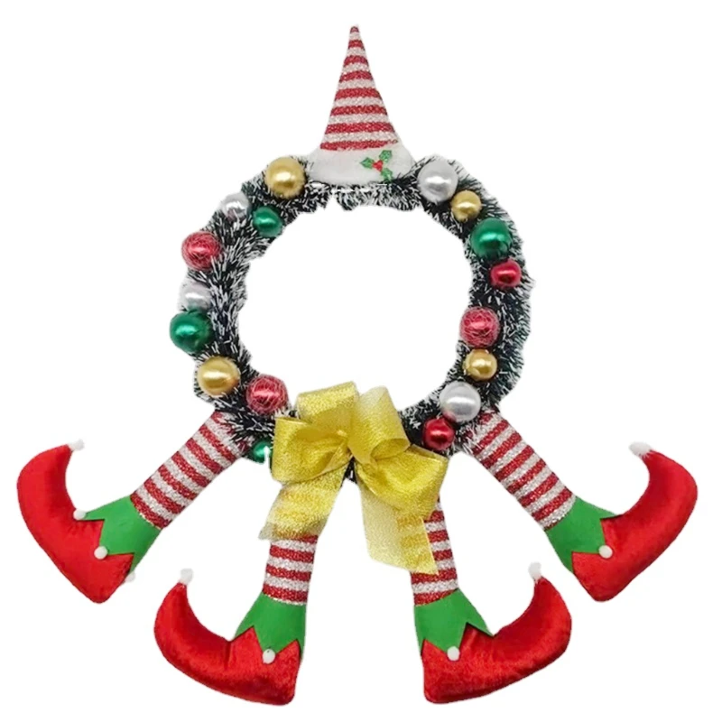 

Новинка 2021, Рождественский венок в полоску с ногами клоуна, эльфа, с шляпой, бантом, Рождественская подвесная гирлянда, Декор