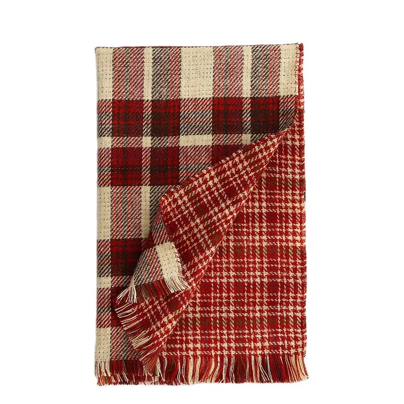 

Korea Double-sided Plaid Scarf For Women Designer Lady Winter Christmas Imitation Cashmere Tassel Shawl Neck Keep Warm Bandana