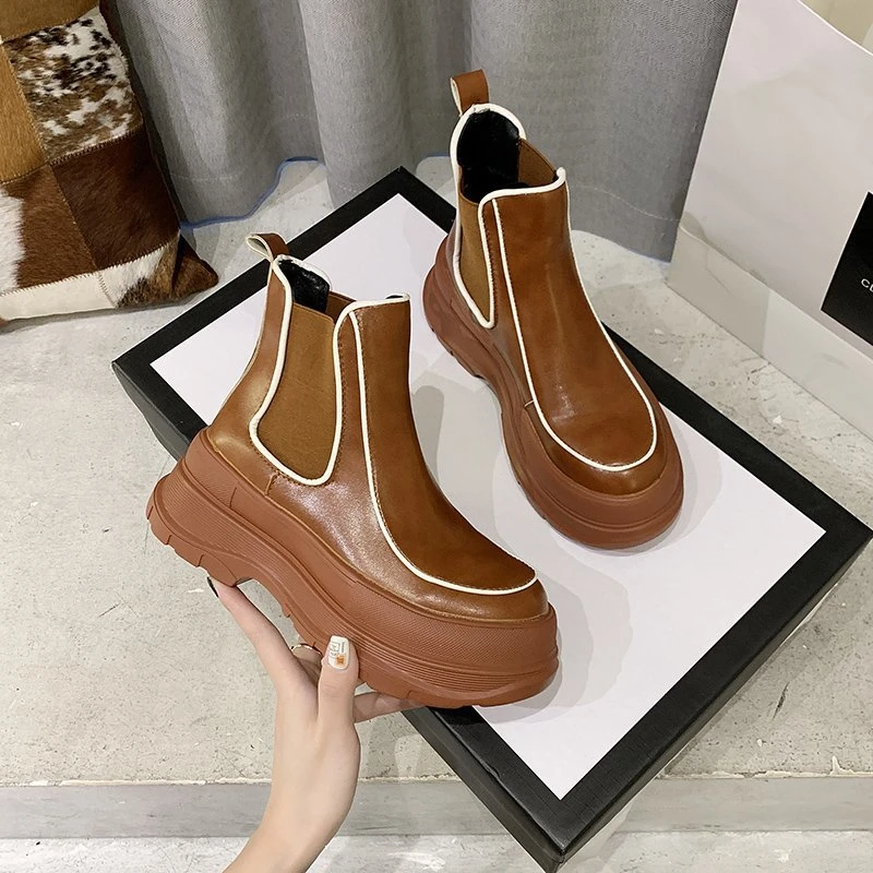 2020 зимние женские модные ботильоны Ботинки на платформе без застежки Коричневые