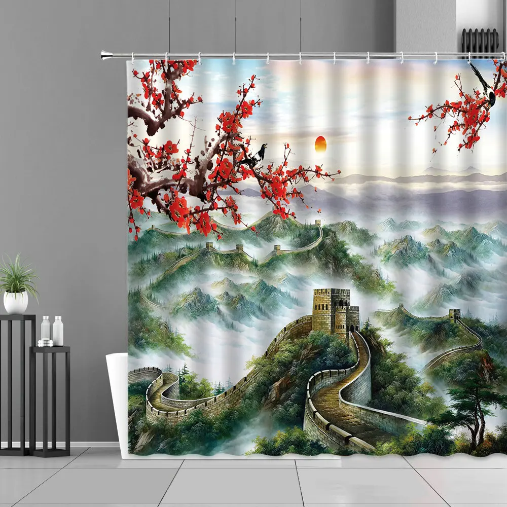 

Plum Blossom Flower Ink Painting Art Shower Curtains Chinese Style Mountain Landscape Home Decor Bath Curtain Waterproof Fabric