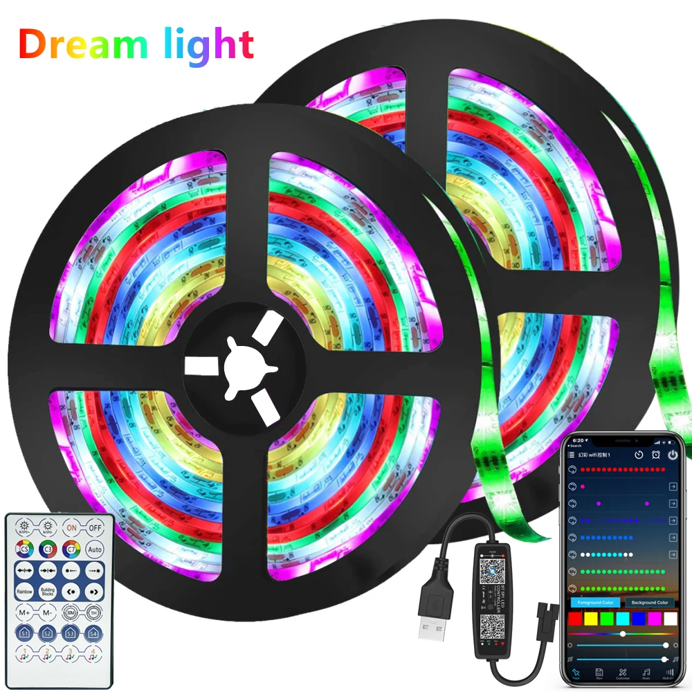 Светодиодная лента WS2812B, 1-30 м, 5050, 5 В, RGB, Bluetooth, управление, USB, гибкая Диодная лента для украшения комнаты, подсветки телевизора - изображение