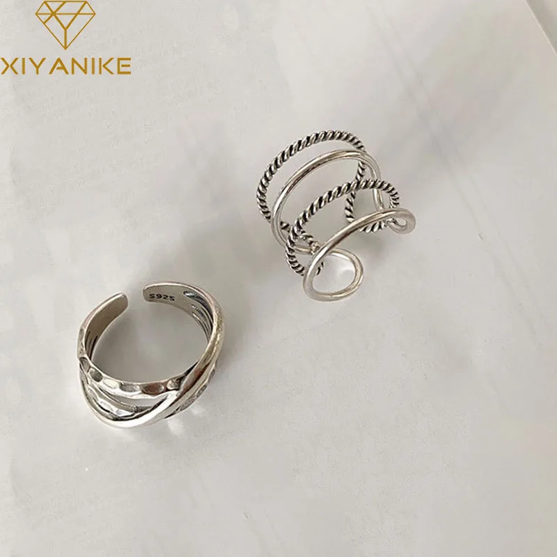 

XIYANIKE INS Trendy Silver Color Width Opening Rings for Women Wedding Couple Vintage Weaving Elegant Party Jewelry Gifts
