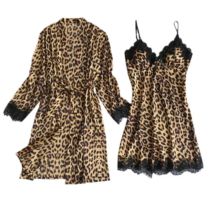 

silk Pajamas for Women leopard Pajama Sets Women 2020 Summer Lace Sexy Lingerie sleepwear with Chest Pad Nightwear