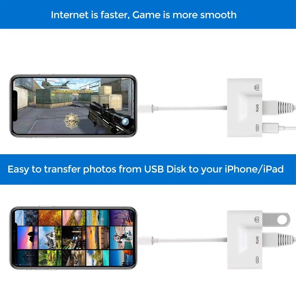 Высокоскоростной адаптер для Lightniing к RJ45 Ethernet LAN проводной Networrk iPhone/iPad с зарядкой и