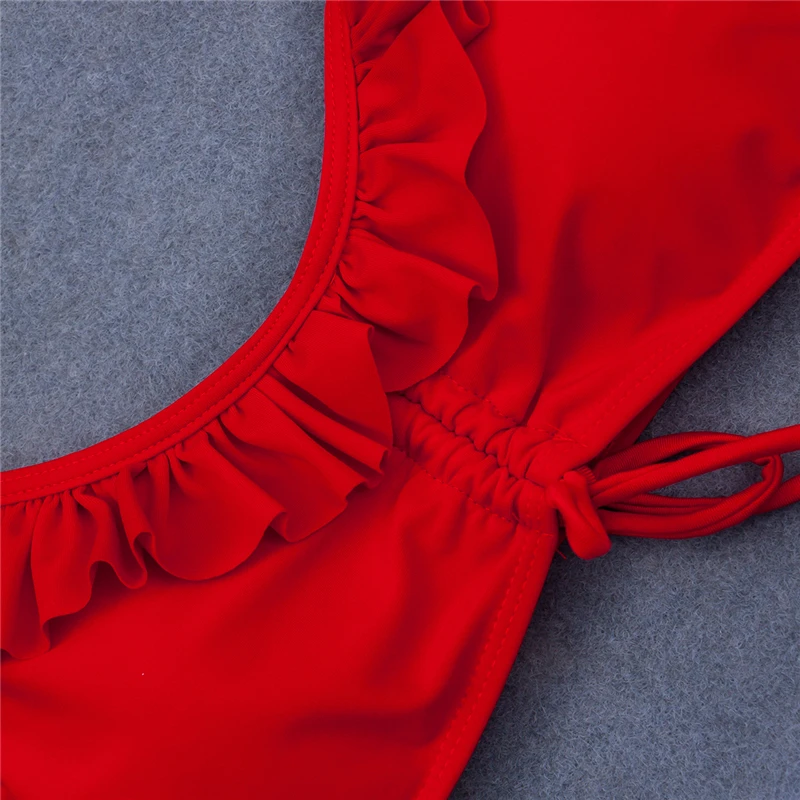 

New Sexy Drawstring Shirred Swimsuit Women Lotus Straps Swimwear Scoop Neck Beachwear S-XL High Waist Bathing Suit Bikini Set