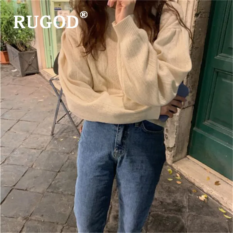 RUGOD Korean New Style Chic Vintage Puff Sleeve Solid Color Cardigan O-neck Single-breasted Hollow-out Sweater Fashion |