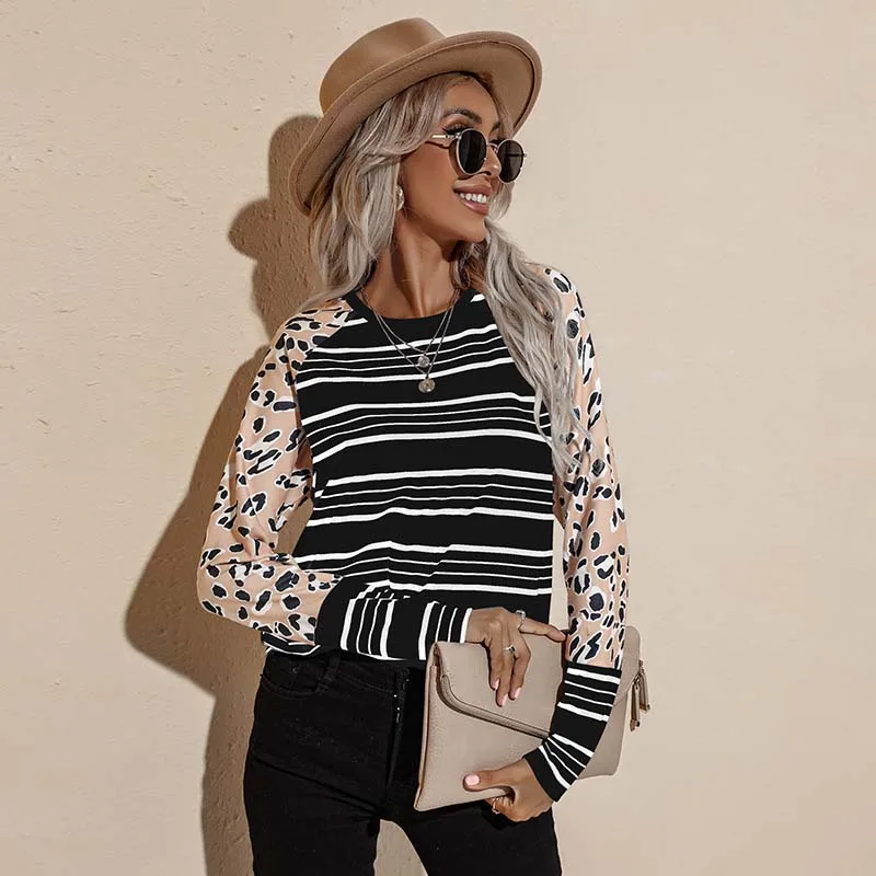 

2022 Sweater Women Leopard Print Splicing Long Sleeve Jumper Loose Stripe Pullover Ladies O-Neck Tops Striped Sweater Hoodie