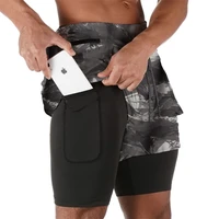 2021 mobile phone pocket running shorts camouflage double deck shorts fitness quick dry gyms shorts jogging workout shorts