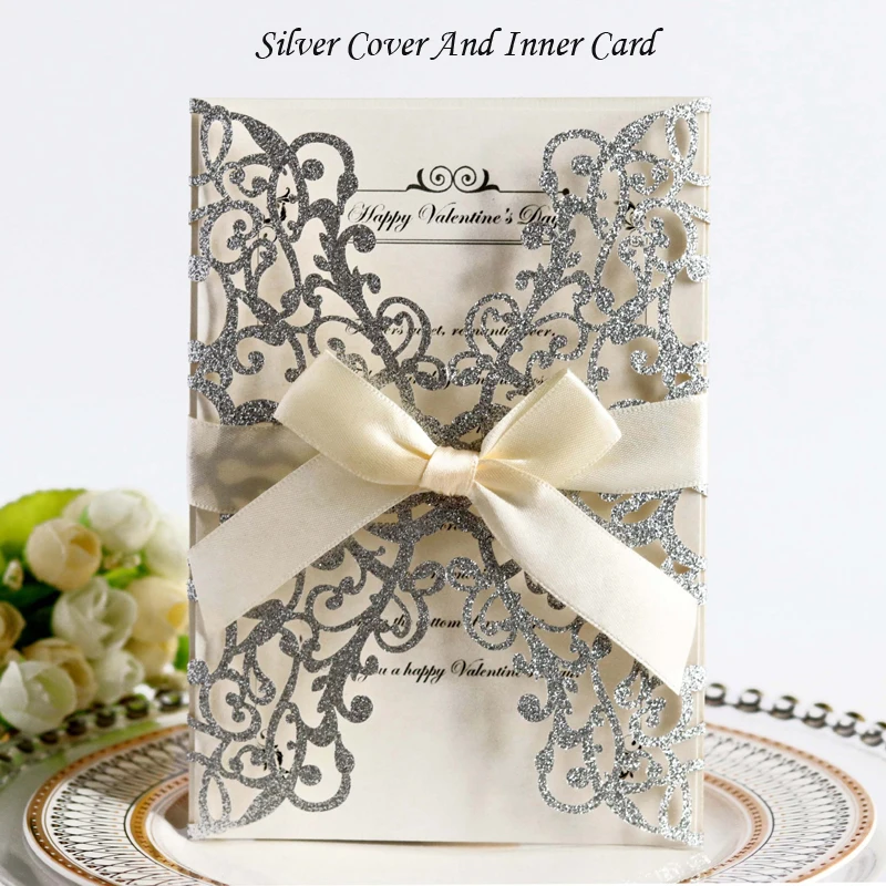 Silver Cover Insert 1 шт. золотисто-синяя Серебристая блестящая бумага лазерная резка свадебные пригласительные открытки с лентой индивидуальный Свадебный декор вечерние принадлежности - Цвет: Silver Cover Insert