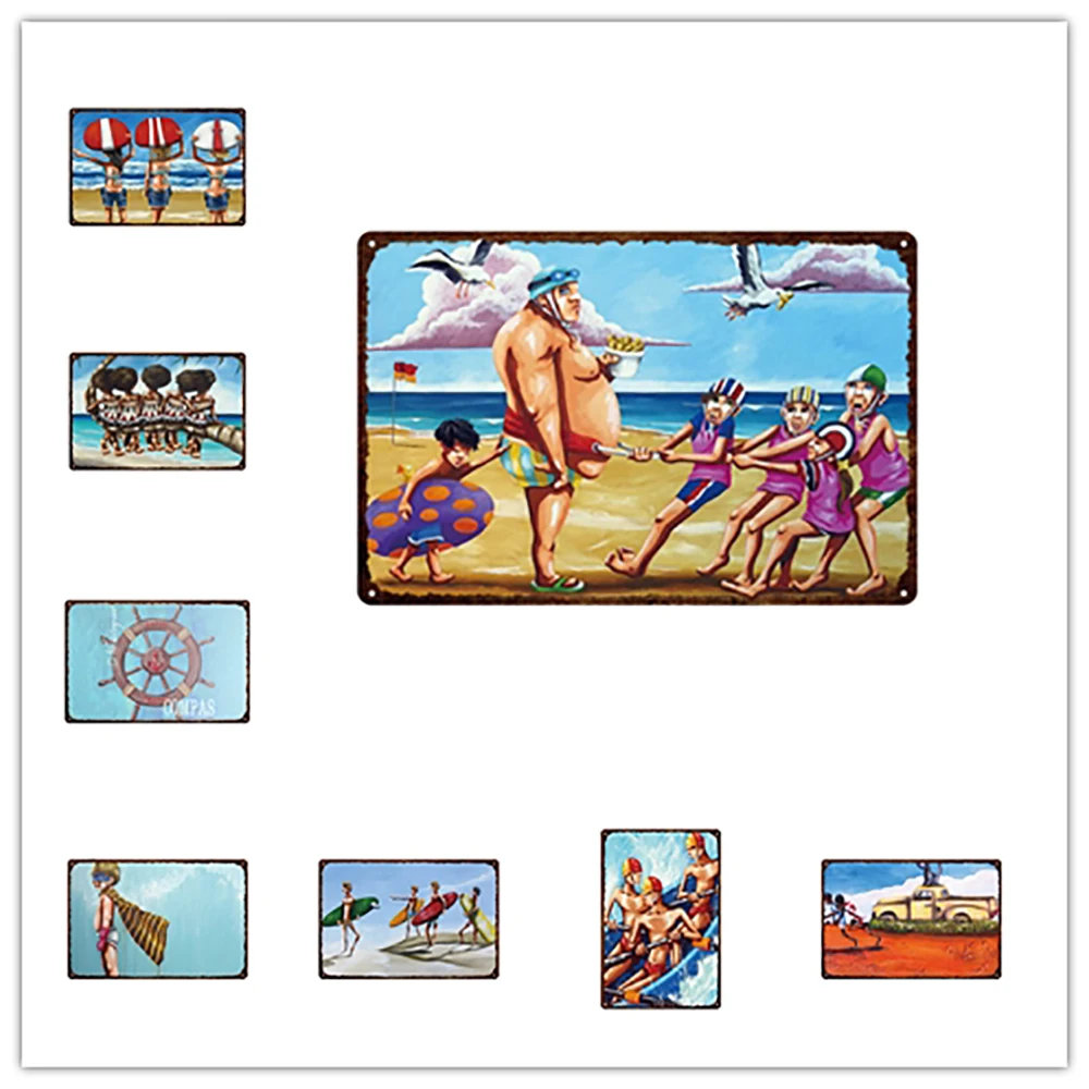 Знак-гид для пляжа забавные люди серфинг металлический знак винтажный