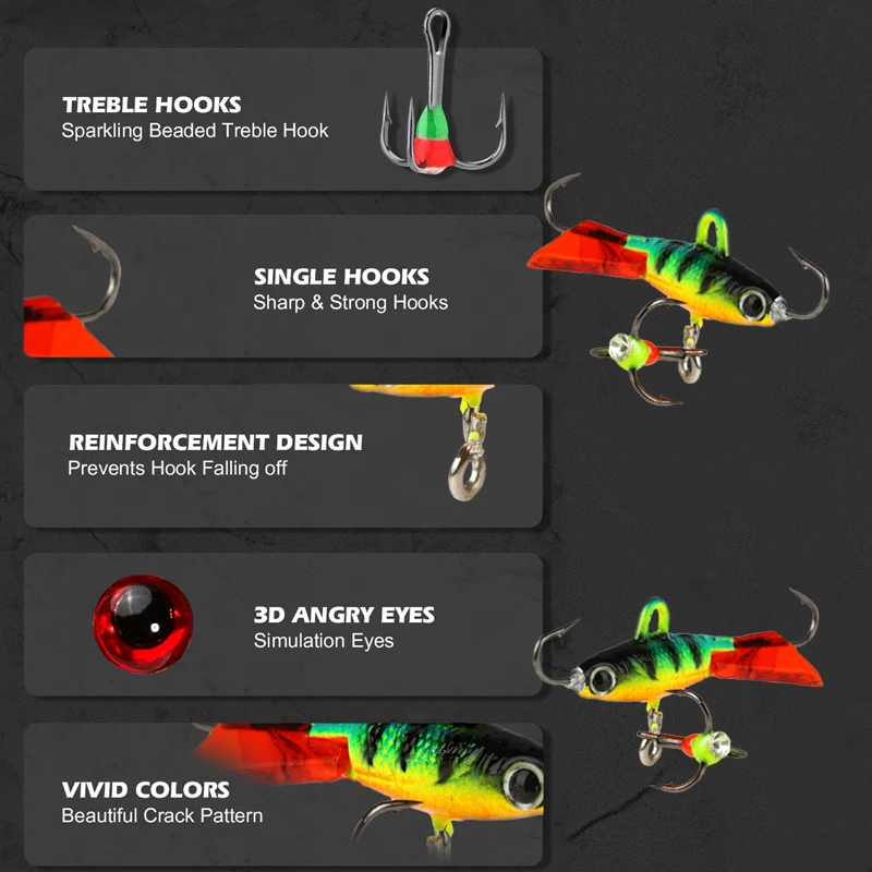 

3pcs/lot Colorful Winter Ice Fishing Lure Balancer Balancer Hard Bait Pesca Tackle Barbed Treble Hook 3D Angry Eye For Trout