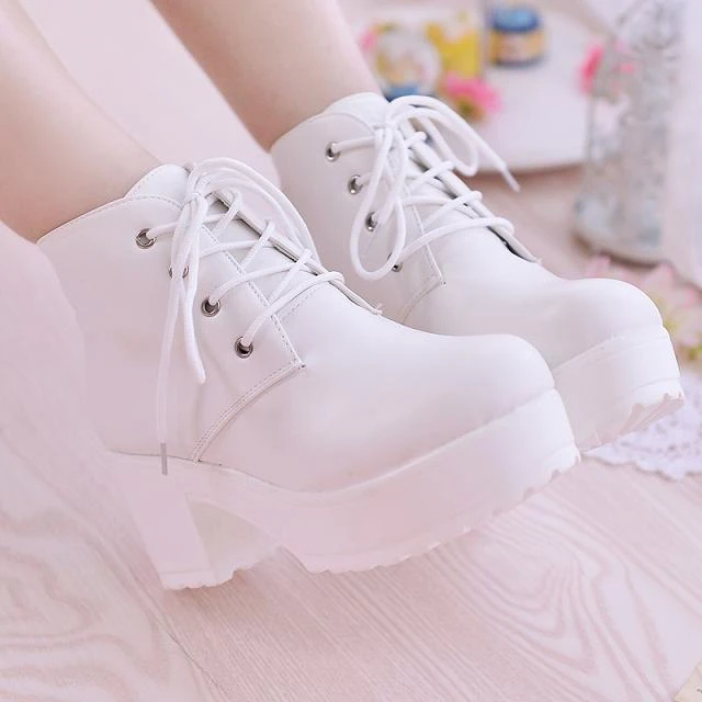 

Japanese College Mori Girl Jk Uniform PU Leatehr Lace Up Platform Black Boots Lolita Gothic Round Head Mary Jane Strap Shoes