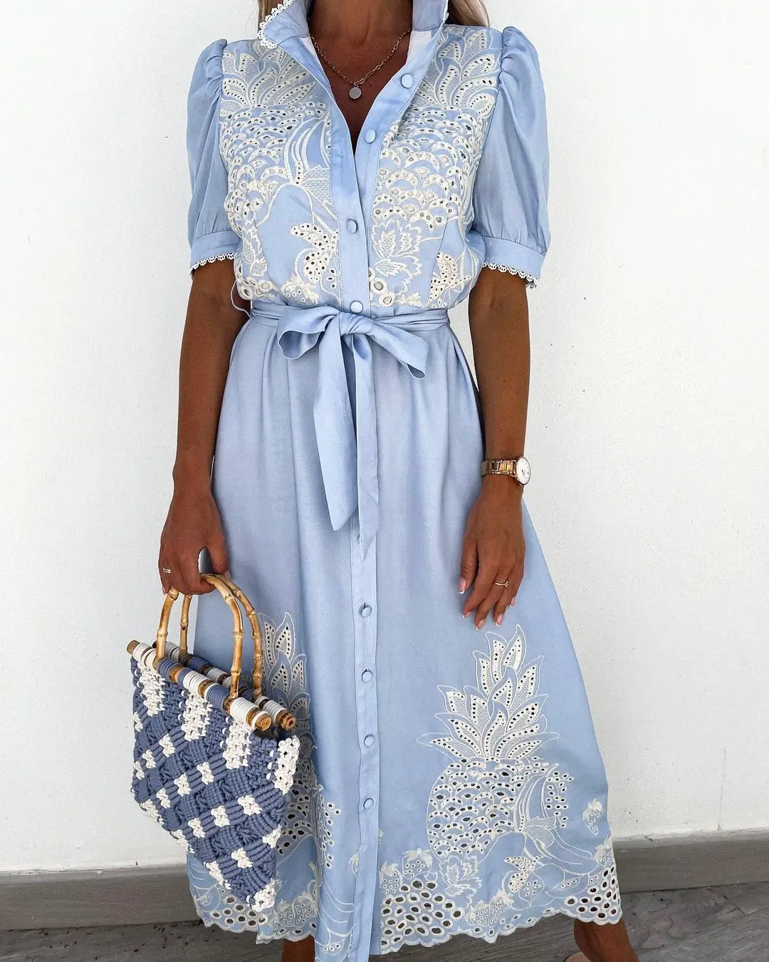 

Summer Puff Sleeve Spliced Party Dress Belt Spring Embroidery Flower Lace Maxi Dress Women Stand Collar Button Long Shirt Dress