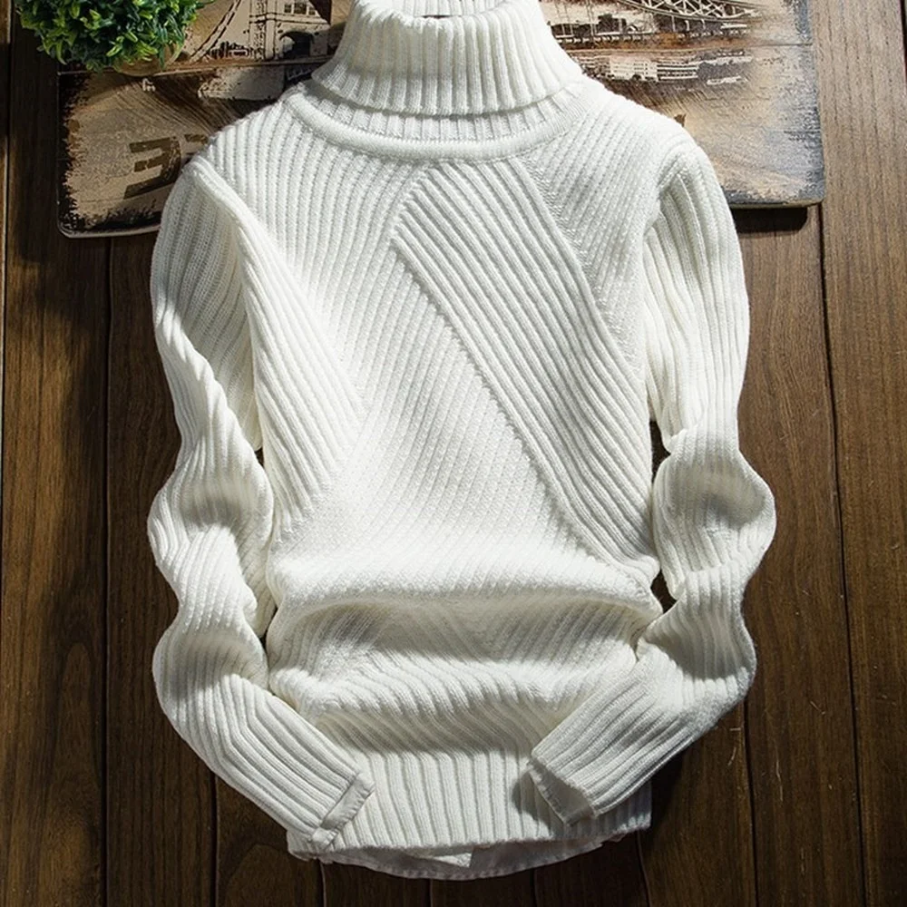 Men Pullover Sweater Solid Color Cable Knit Jumper Slim Grey Sweaters Casual Korean Fashion Streetwear Turtleneck Sweater