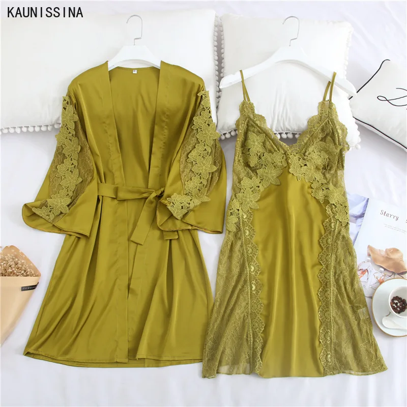

Women's Summer Kimono Robe Nightgown Set Luxury Satin Slip Mini Nightdress Withe Chest Pad Bathrobes Suit Sexy Lace Sleepwear