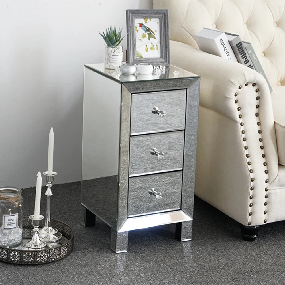 

Modern Mirror Surface Nightstand 3 Drawer Bedside Table Living Room Side End Table Cabinet