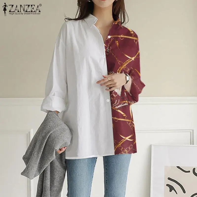 

Oversized 2022 Kaftan Stylish Printed Women OL Blouse Patchwork Shirts ZANZEA Spring Summer Long Sleeve Tops Casual Solid Blusa
