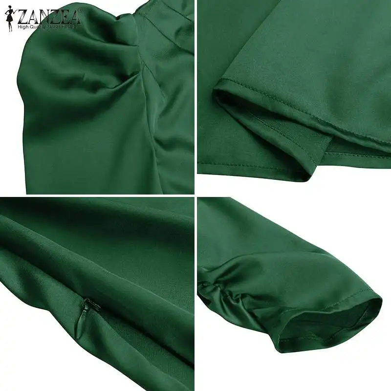 

Female Chic Long Puff Sleeve Blusa ZANZEA 2021 Fashion Solid Blouse Party Drawstring Bow Shirt Office Lady OL Elegant Tops S-5XL