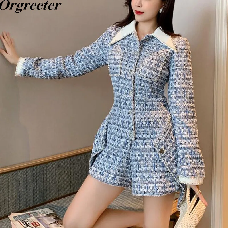 

Женский твидовый комбинезон с карманами, голубой однобортный комбинезон с лацканами и имитацией двух предметов, зима 2019