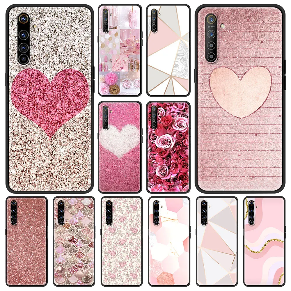 

Gold Pink Rose Glitter Hearts Phone Case For Oppo A53 A52 A54 A15 A9 2020 Black Shell For Realme 8 7 6 Pro C3 C21 Gift Cover