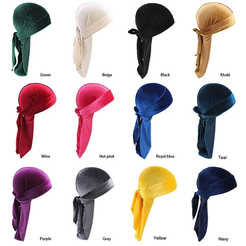 

Men Velvet Long Tail Pirate Hat Streamer Turban Hat Baotou Cap Unisex Breathable Hat Women Headwrap Hair Accessories