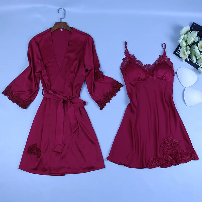 

Solid Silk Lace Pajamas For Women Summer Sleepwear Bathrobe Daily Casual Lounge Home Lingerie Femme Sexy Robe