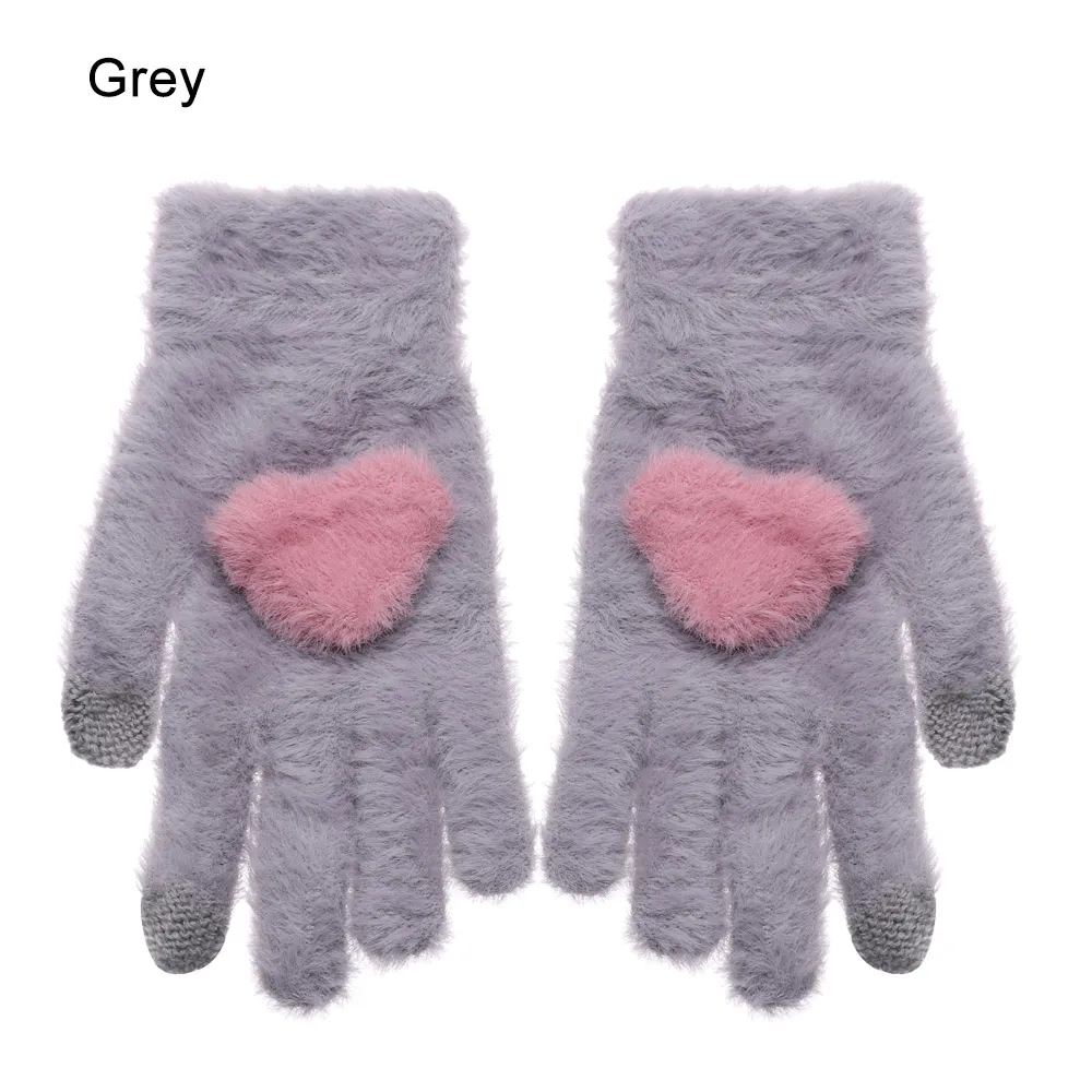 grey 1 пара, женские вязаные перчатки, зимние шерстяные теплые перчатки для девочек, милые мягкие розовые рукавицы с кроликом и сердцем, перчатки с сенсорным экраном, высокое качество - Цвет: grey