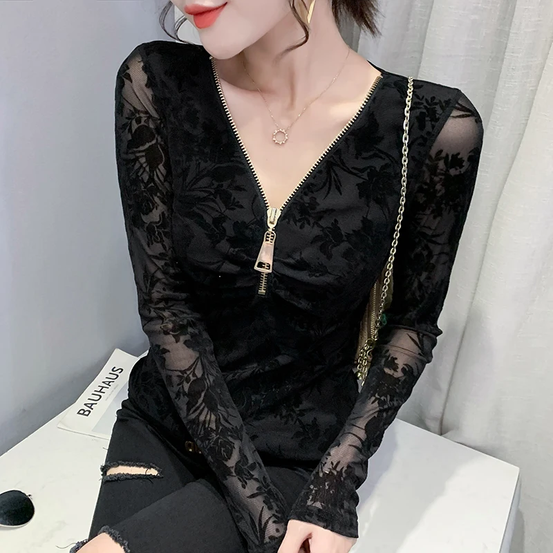 

Fall Winter Clothes Lady T-Shirt Chic Sexy V-Neck Zipper Microfiber Women Tops Long Sleeve All Match 2021 Tees