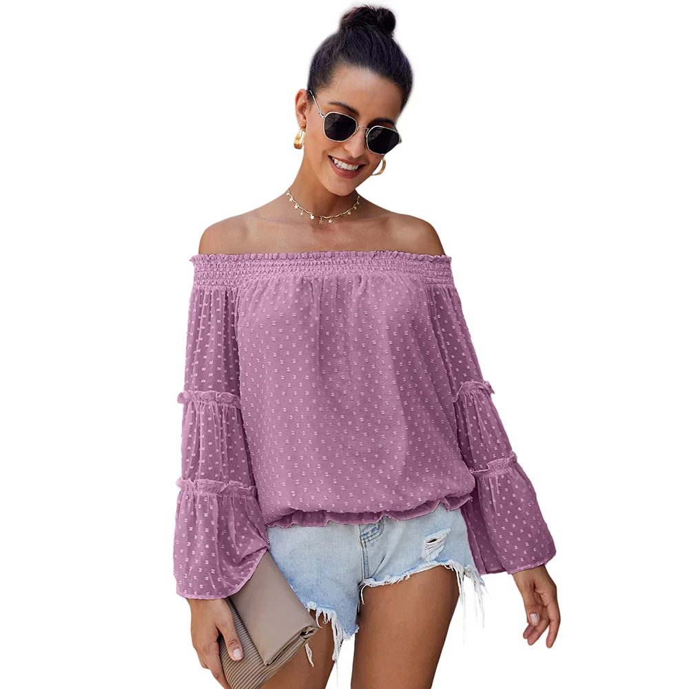 

New Fashion Shirt Woman Polka Dot Pattern Design Sexy Off-The-Shoulder One-Line Neck Tops Trumpet Long-Sleeved Loose Lady Blouse
