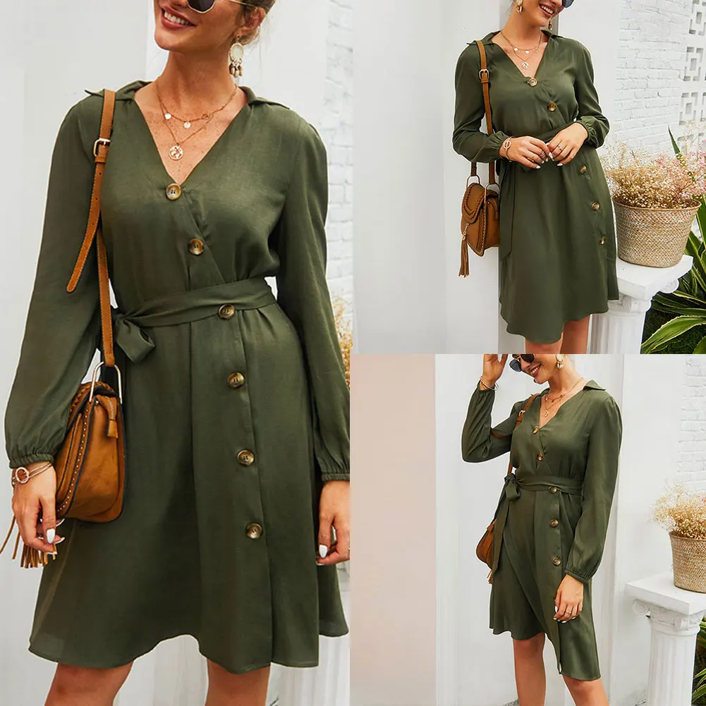 Новое модное женское осенне-зимнее платье с v-образным вырезом и тонким поясом