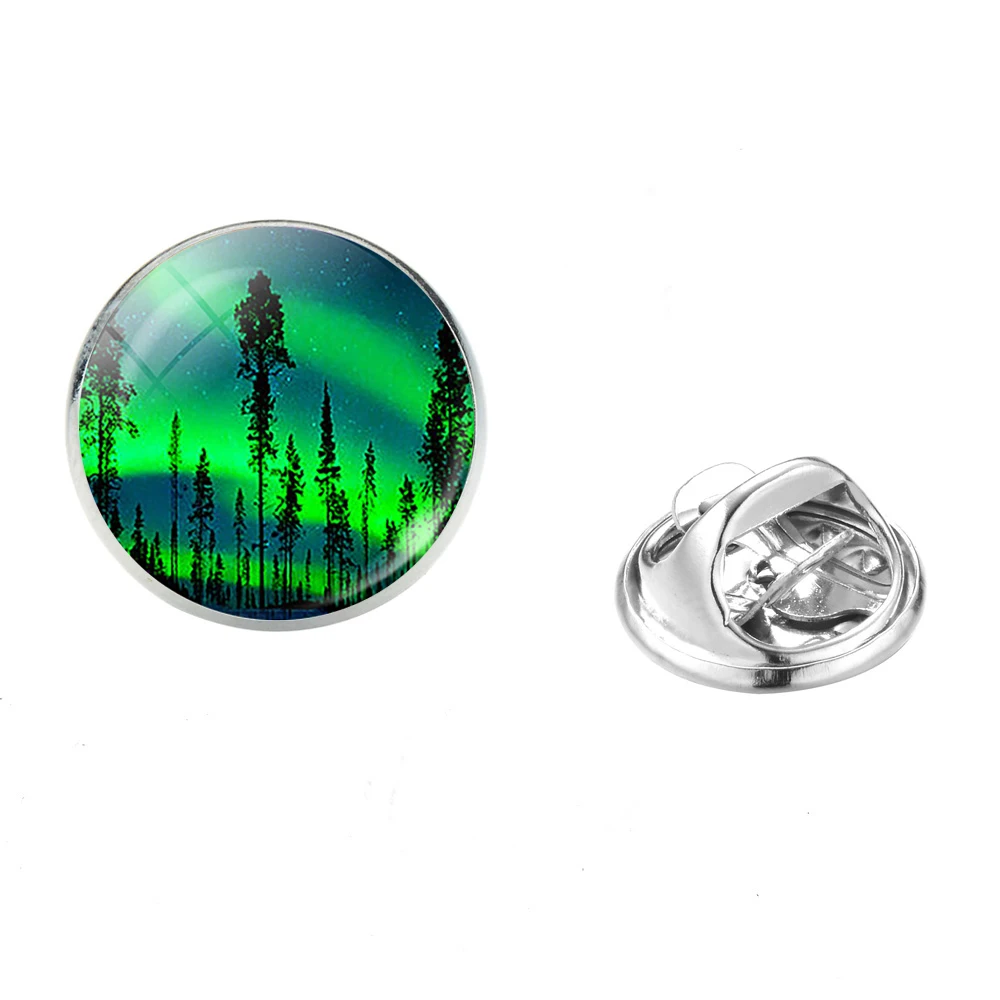 Romantic Green Aurora Borealis Brooches Colorful Northern Lights Forest Scene Glass Photo Cabochon Clasp Pins Badges 2019 | Украшения и