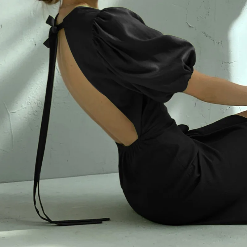 

Women's Dresses Retro Puff Sleeve Sexy Backless Lace-up Dress High Waist Bag Hip Autumn Female Clothing