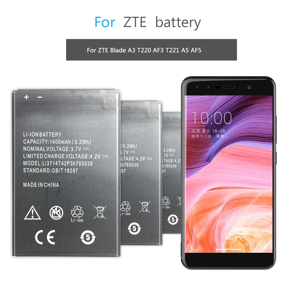 Сменный литий полимерный аккумулятор для ZTE Blade A3 T220 AF3 T221 A5 AF5 Li3714T42P3h765039 1400
