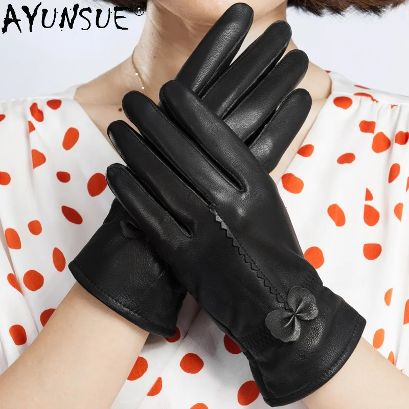 

AYUNSUE New Women's Gloves Genuine Sheepskin Leather Gloves Black Plus Velvet Gloves Winter Bow Eleagnt Guantes De Cuero SQQ379