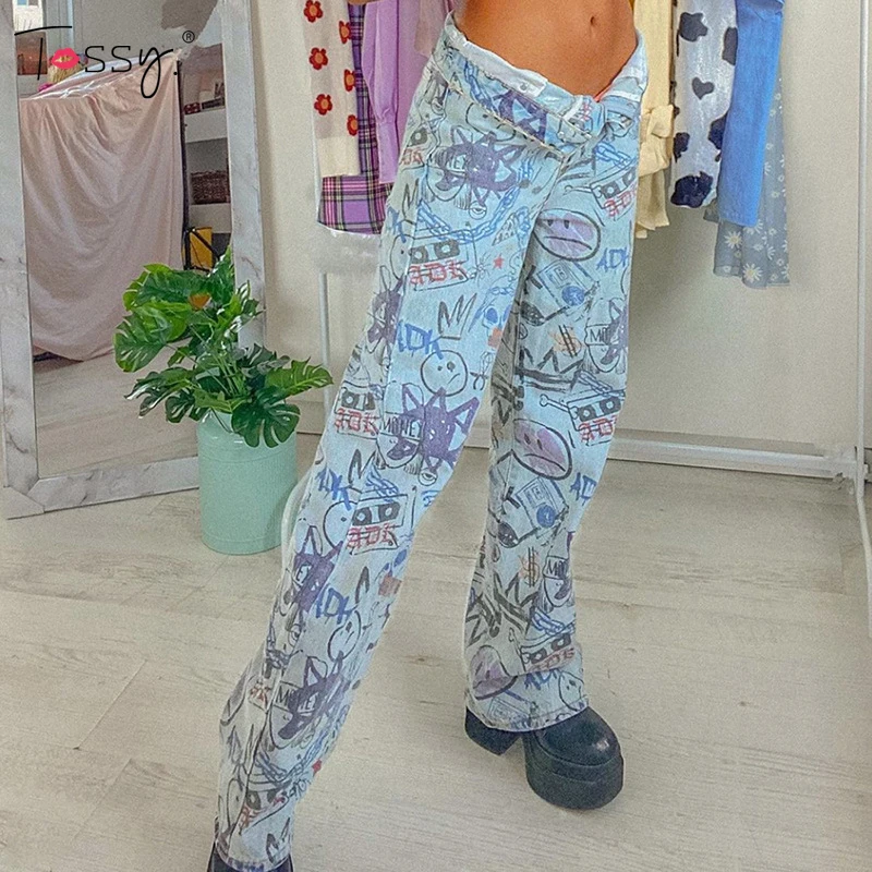 

Tossy Y2K Fashion Graffiti Jeans 2021 New High Waist Straight Leg Pants Spring New Female Loose Streetwear Casual Woman Trousers