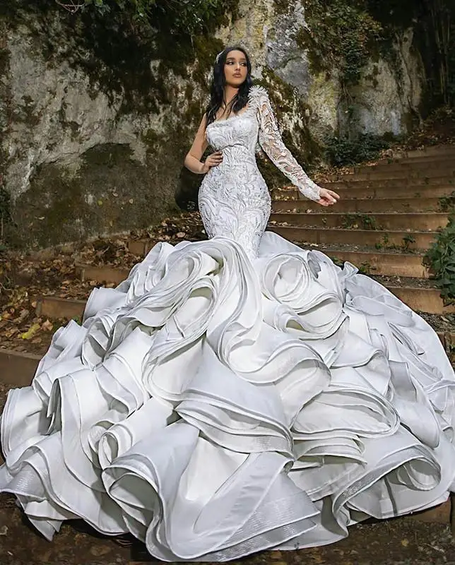 

Luxury Ruffles Mermaid Wedding Dresses Pleats One Shoulder Chapel Train Gorgeous Bridal Gowns Nigerian Arabic Marriage Dress