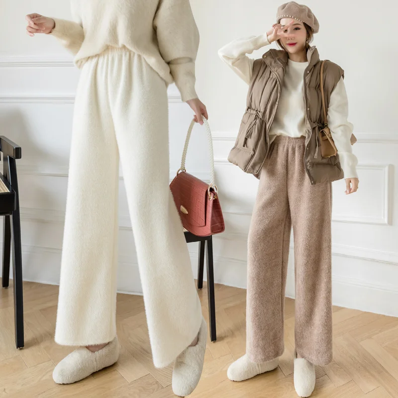 

Real Shot Mink Fur Wide Leg Pants for Women Autumn Winter Thickened Break