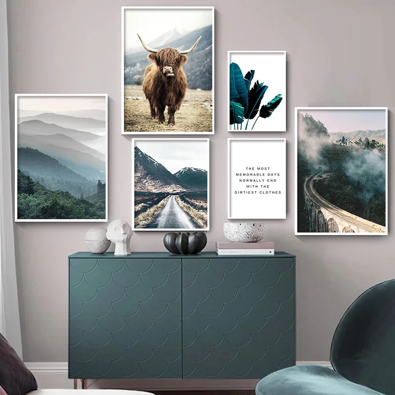 

Wall Art Nature Landscape Nordic Style Print Poster Cow Foggy Forest Canvas Painting Scandinavian Decoration Picture Home Decor