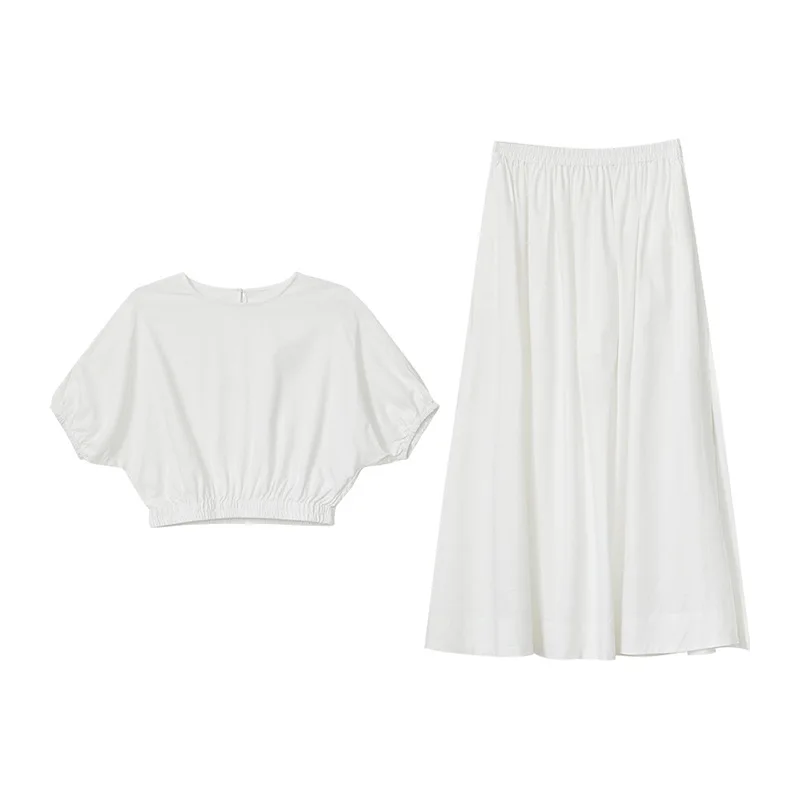 

TVVOVVIN 2021 Korean Summer New Simple Solid Color Casual Two-piece Set O-neck Short Sleeve T-shirt High Waist Split Skirt KCOM