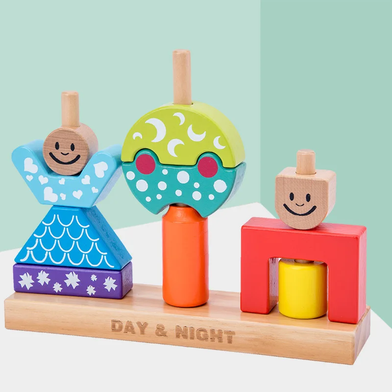 Day &amp Night Tower Blocks Montessori Rainbow Wooden Baby Toy Wood Building Block Game Educational Toys For Child | Игрушки и хобби