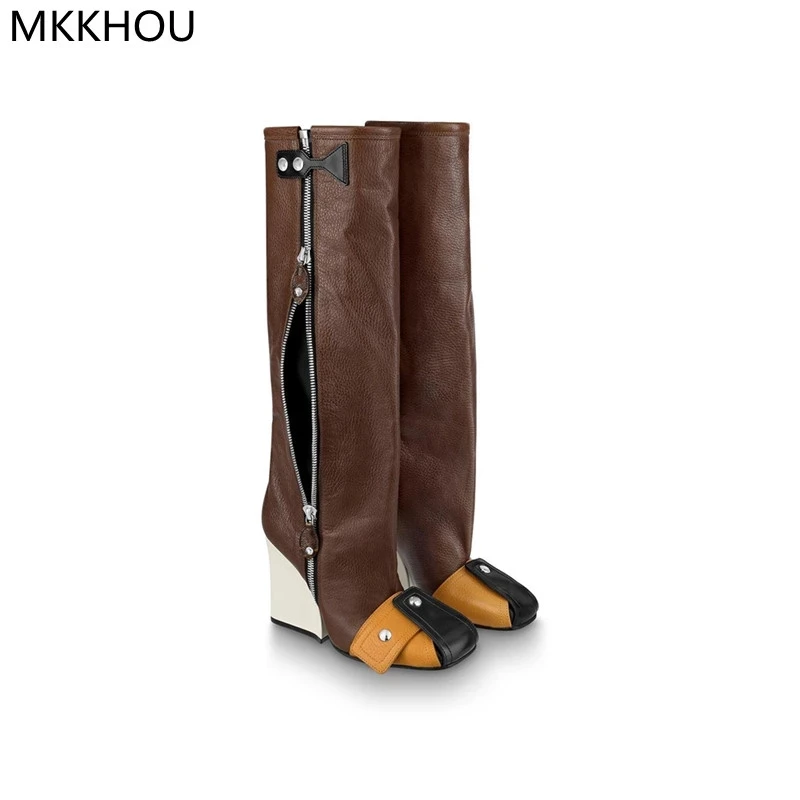 MKKHOU Fashion Knee-High Women Boots New High-Quality Leather Wedge Heel Boots Personality Street Punk Style Motorcycle Boots