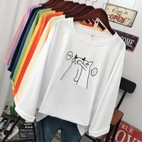 spring and autumn new fashion pure cotton soft womens loose long sleeve t shirts cartoon two cats pattern printing tops female