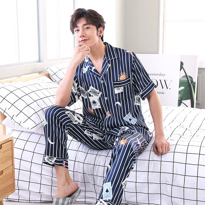 

2020 Summer Couple Satin Pajamas Set Printing Suit Cardigan Nightclothes Collar Long Sleeve Sleepwear