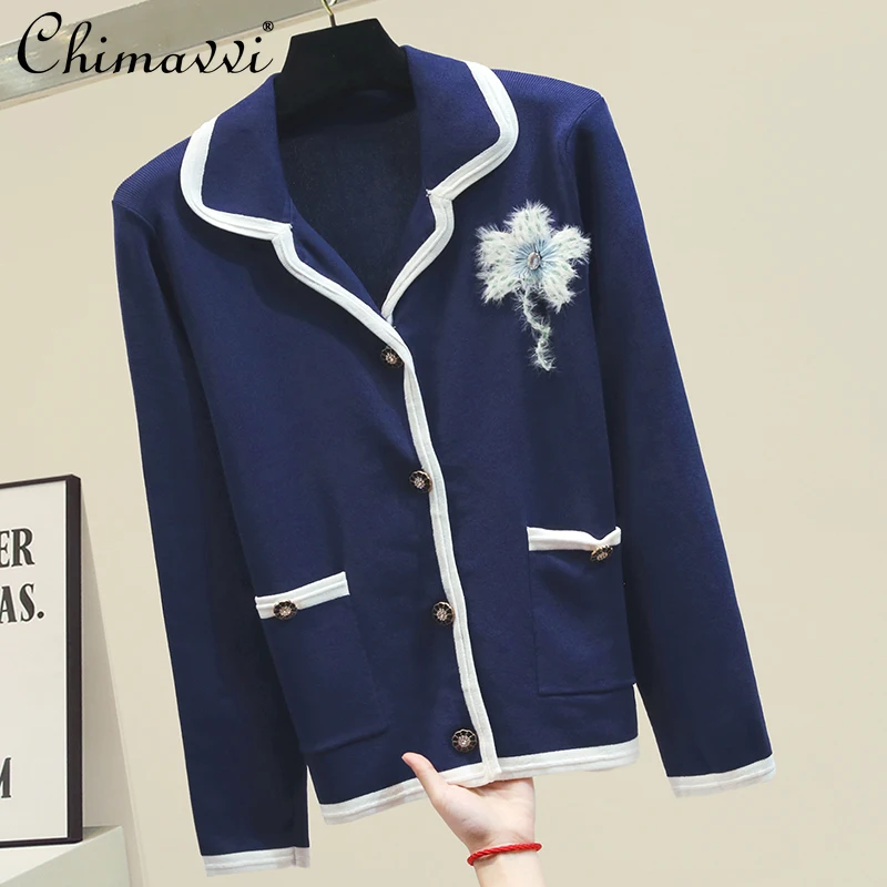 

Blue Knitted Cardigan for Women 2021 Autumn New Thin V-neck Long Sleeve Sweater Fashion Elegant Slim-Fit Tops Feminine