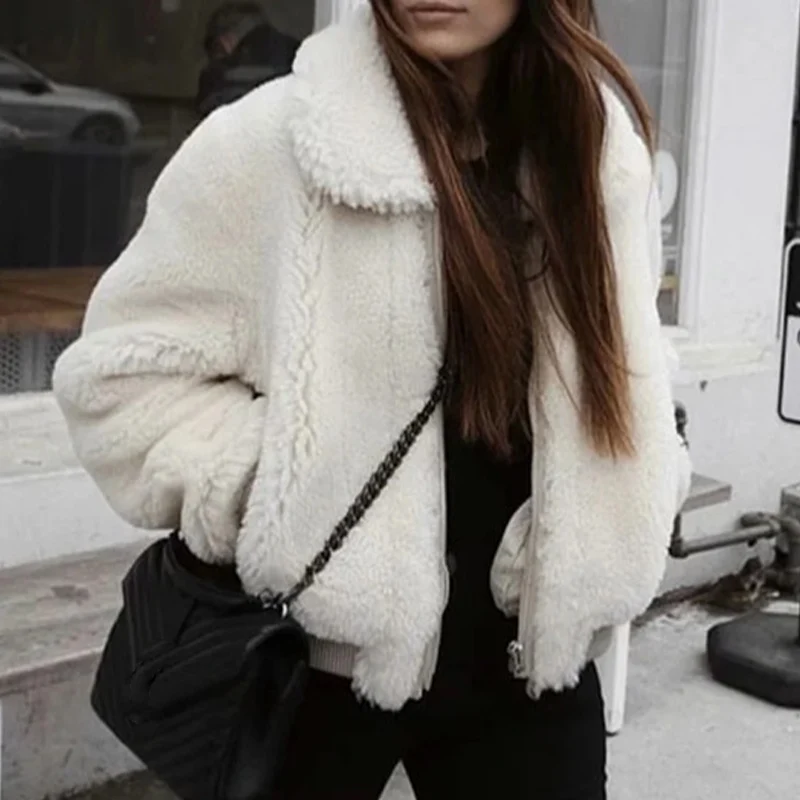 

Womne's Coat Faux Rabbit Fur Short Fashion Ladies Outwear Turn-down Collar Lapel Zipper Furry Thick Female Clothes Solid Winter