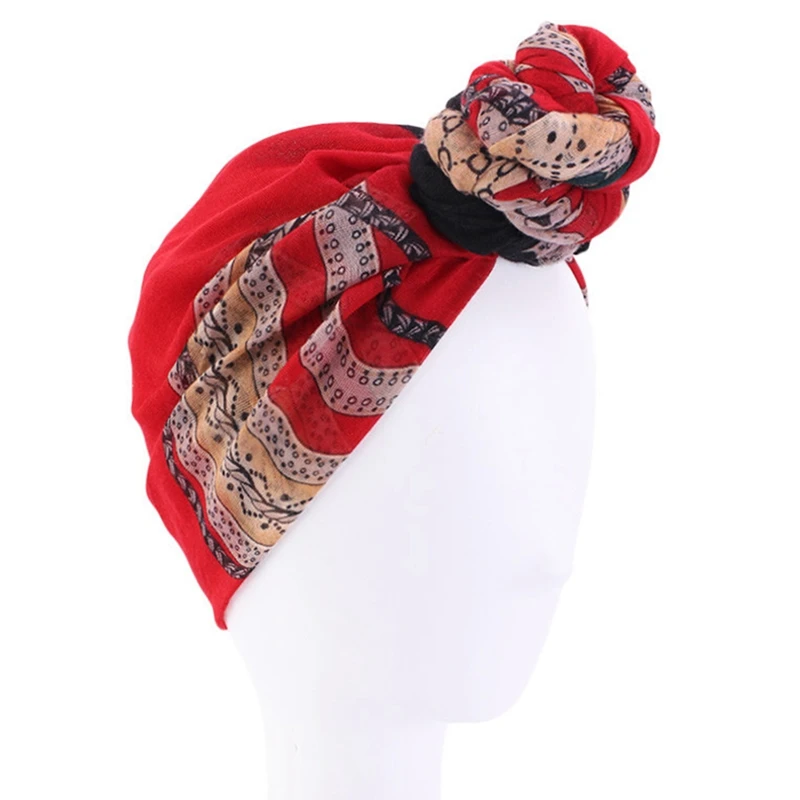 

India Pleated Knot Women Turban Hat Printed Flower Bonnet Beanie Head Wrap Hair Loss Cover Cancer Chemo Cap Muslim Arab Headwear