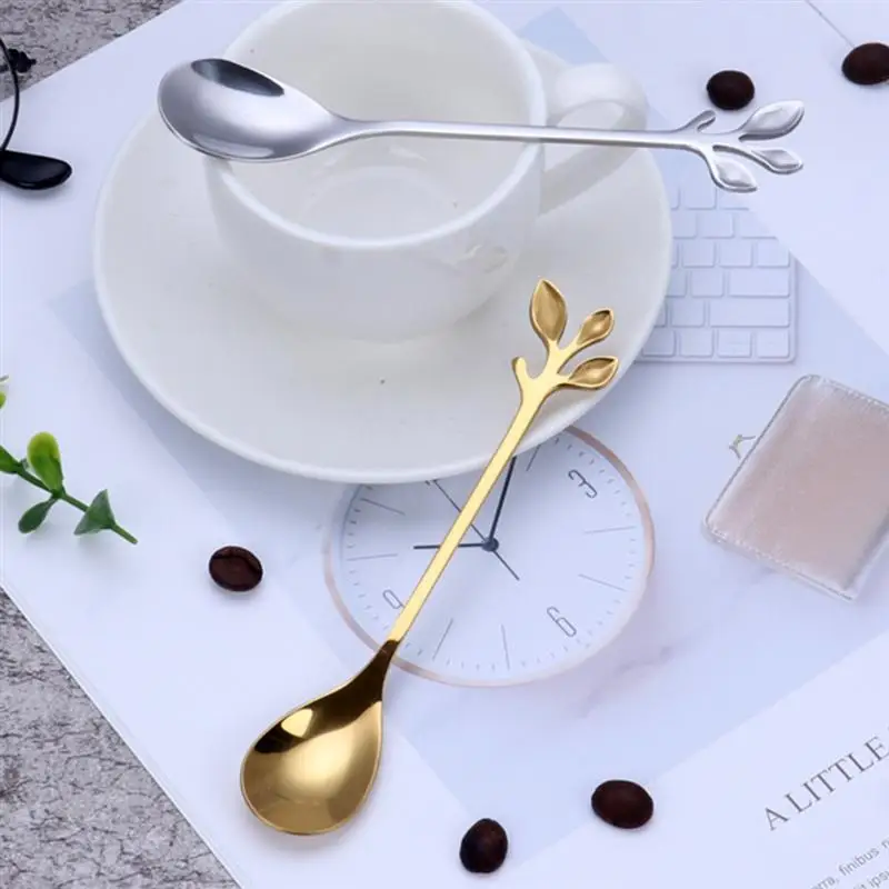 

Stainless Steel Leaf Shape Spoon Ice Cream Scoop Long Handle Spoons for Coffee Dessert
